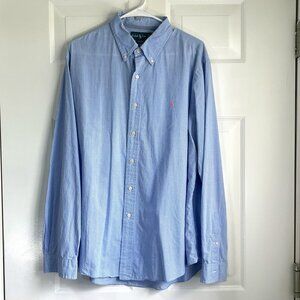 Ralph Lauren Custom Fit Oxford Baby Blue Gingham Shirt with Pink Horse Size XL